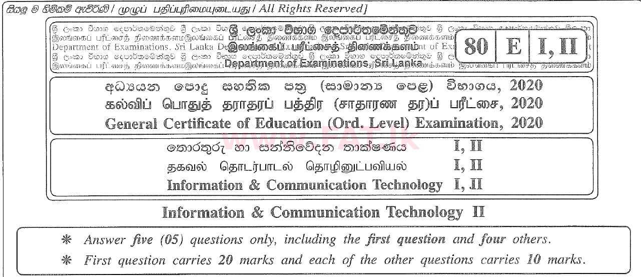 National Syllabus : Ordinary Level (O/L) Information & Communication Technology ICT - 2020 March - Paper II (English Medium) 0 1