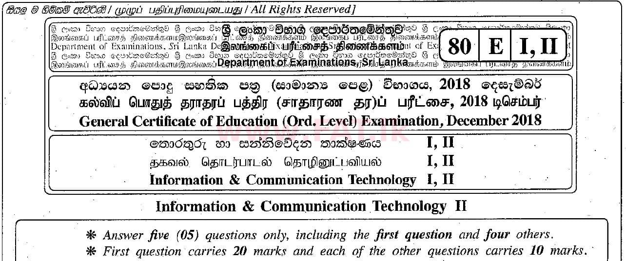 National Syllabus : Ordinary Level (O/L) Information & Communication Technology ICT - 2018 December - Paper II (English Medium) 0 1