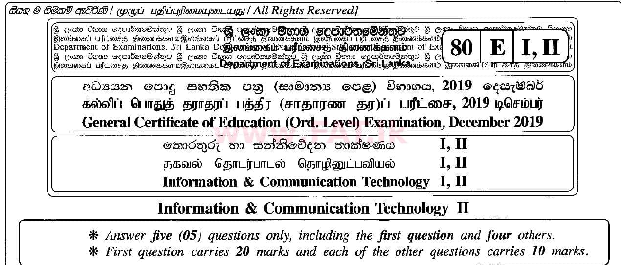 National Syllabus : Ordinary Level (O/L) Information & Communication Technology ICT - 2019 December - Paper II (English Medium) 0 1