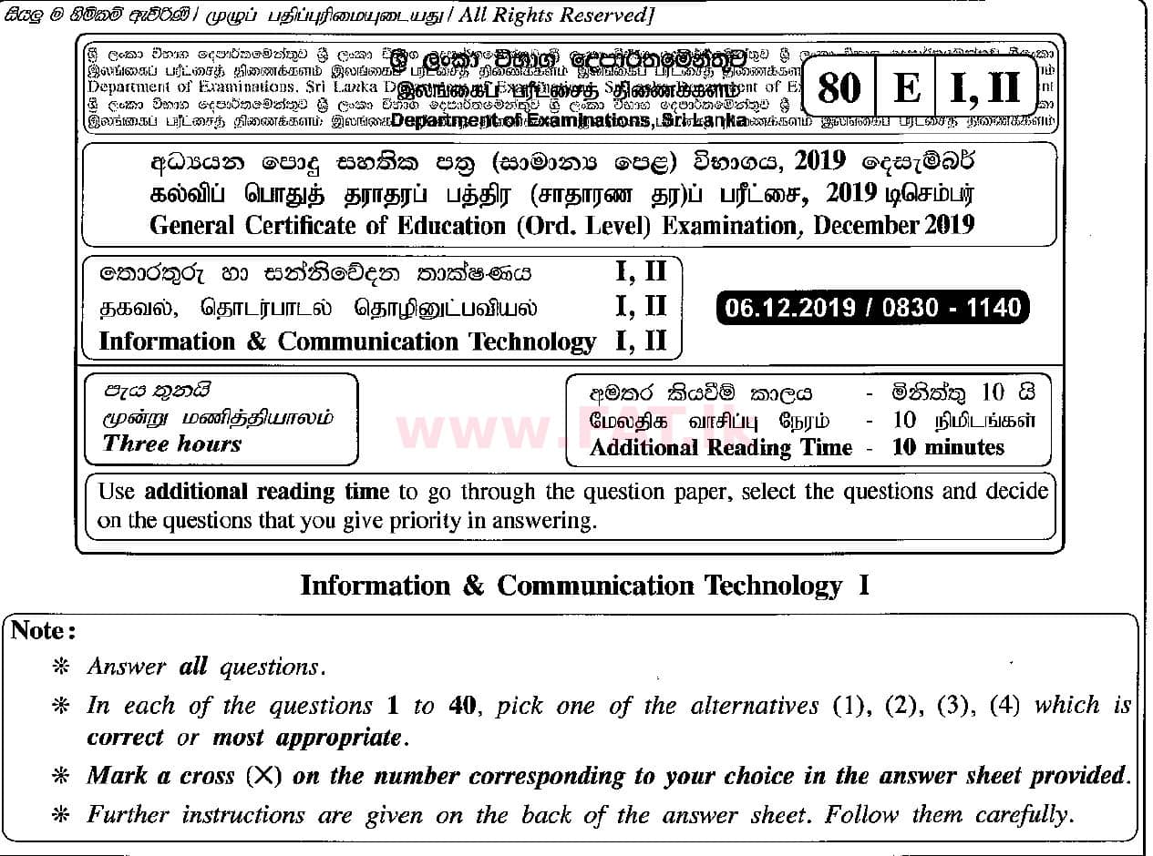 National Syllabus : Ordinary Level (O/L) Information & Communication Technology ICT - 2019 December - Paper I (English Medium) 0 1