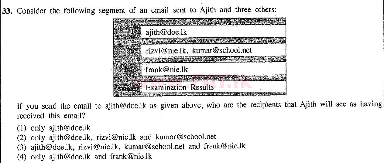 දේශීය විෂය නිර්දේශය : සාමාන්‍ය පෙළ (O/L) තොරතුරු හා සන්නිවේදන තාක්ෂණය (ICT) - 2017 දෙසැම්බර් - ප්‍රශ්න පත්‍රය I (English මාධ්‍යය) 33 1