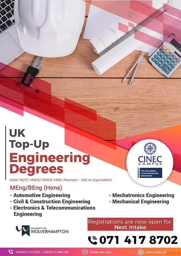 MEng/BEng (Hons)<br>
- Automotive Engineering<br>
- Civil and Construction Engineering<br>
- Electronics and Telecommunications Engineering<br>
- Mechatronics Engineering<br>
- Mechanical Engineering