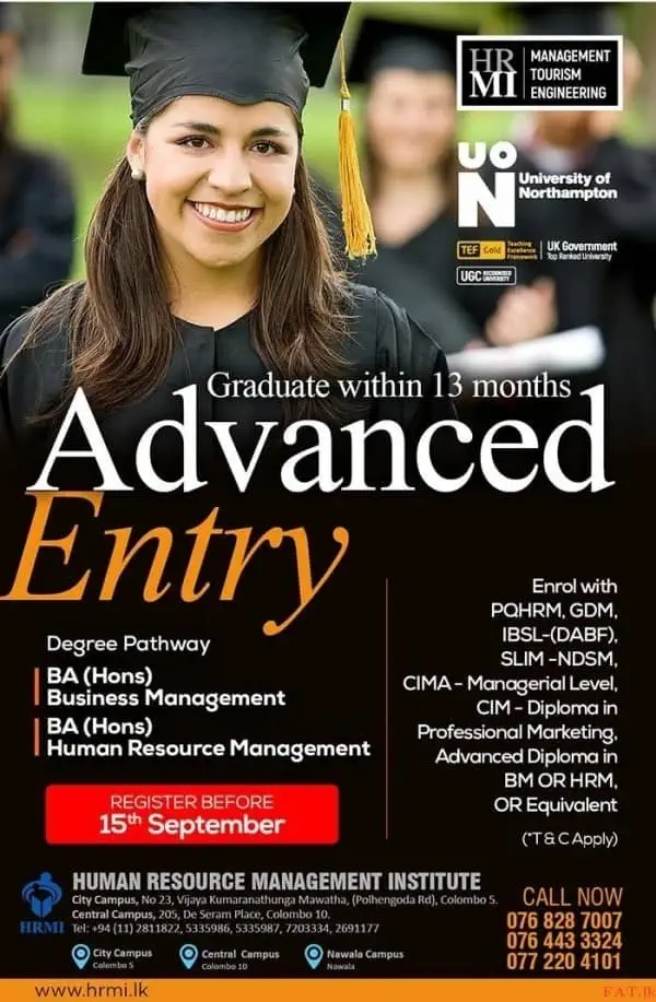Advanced Entry
<br><br>
Degree Pathway<br>
* BA (Hons) Business Management<br>
* BA (Hons) Human Resource Management