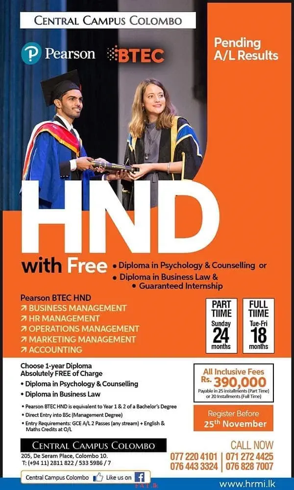 HND with Free<br>
* Diploma in Psychology and Counselling <br><br>

or<br><br>

* Guaranteed Internship