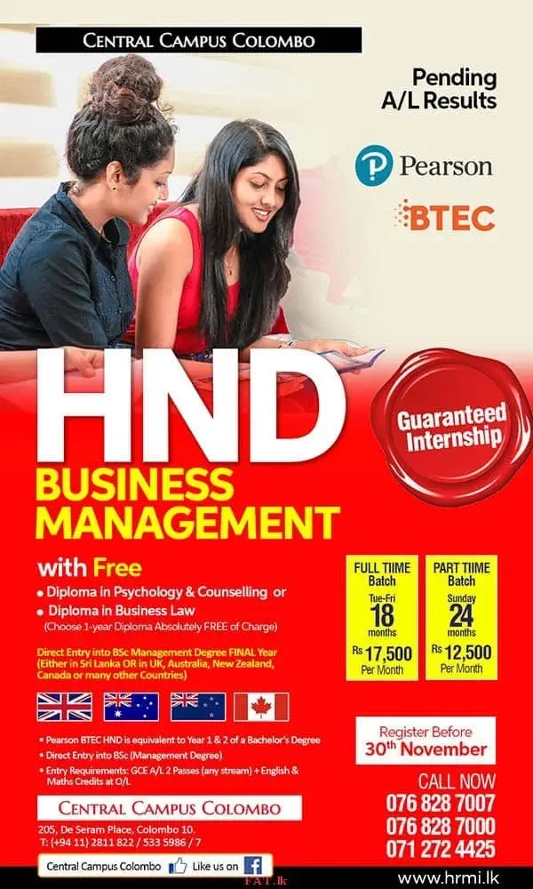 HND Business Management with Free
<br>
* Diploma in Psychology and Counselling or
<br>
* Diploma in Business Law