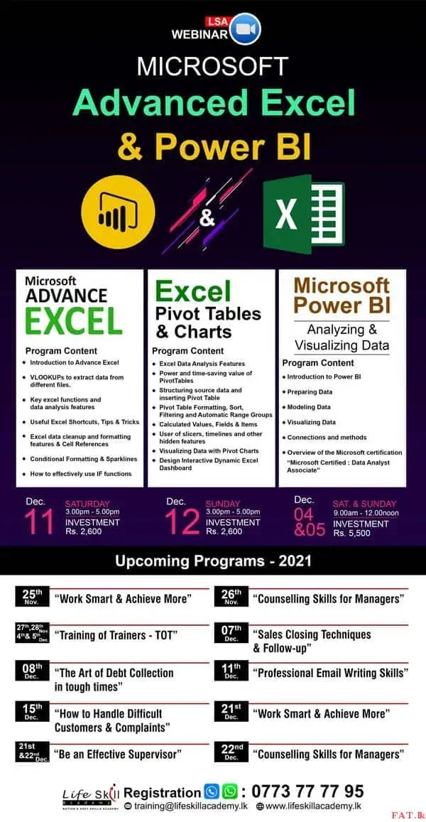 Microsoft Advance Excel<br>
Excel Pivot Tables and Charts<br>
Microsoft Power BI (Business data analytics)