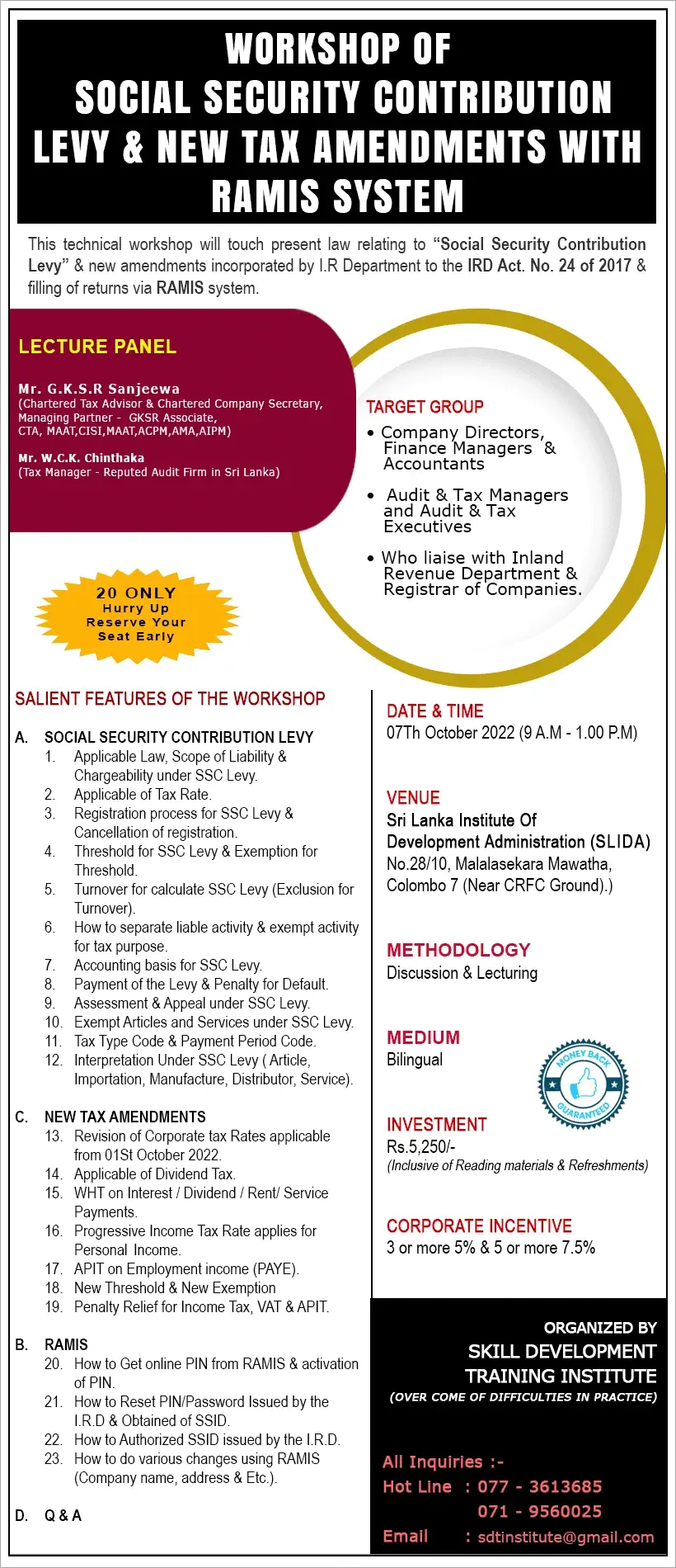Workshop of VAT, SSC Levy and Application of Ramis System