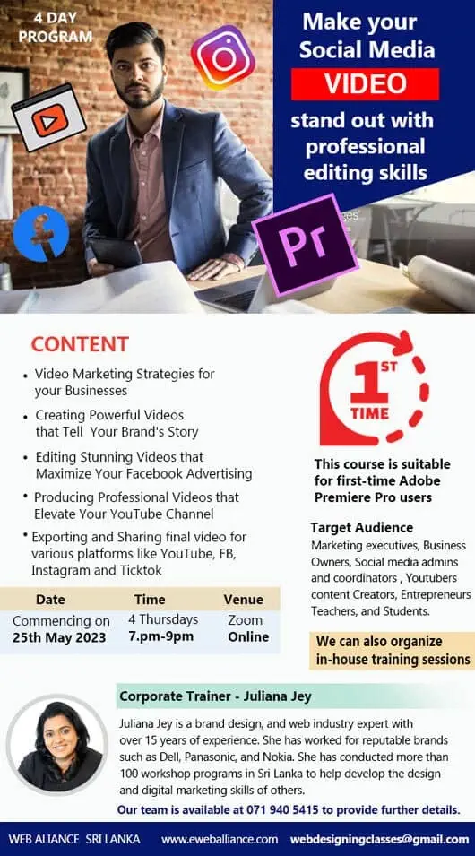 Make your Social Media Video stand out with professional editing skills
<br><br>
* Video Marketing Strategies for your Businesses<br>
* Creating Powerful Videos that Tell Your Brand's Story<br>
* Editing Stunning Videos that Maximize Your Facebook Advertising<br>
* Producing Professional Videos that Elevate Your YouTube Channel<br>
* Exporting and Sharing final video for various platforms like YouTube, FB, Instagram and Ticktok