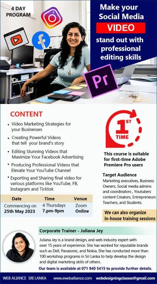 • Video Marketing Strategies for your Businesses<br>
• Creating Powerful Videos that tell your brand's story<br>
• Editing Stunning Videos that Maximize Your Facebook Advertising<br>
• Producing Professional Videos that Elevate Your YouTube Channel<br>
• Exporting and Sharing final video for various platforms like YouTube. FB, Instagram and Ticktok