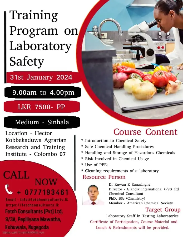 * Introduction to Chemical Safety<br>
* Safe Chemical Handling Procedures<br>
* Handling and Storage of Hazardous Chemicals<br>
* Risk Involved in Chemical Usage<br>
* Use of PPEs<br>
* Cleaning requirements of a laboratory