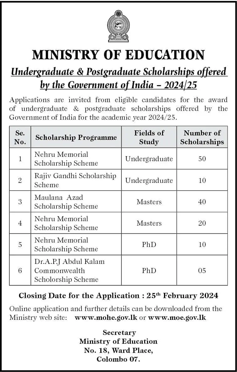Undergraduate and Postgraduate scholarships offered by the Government of India
<br><br>
Study Programmes - Degrees, Masters & PhD