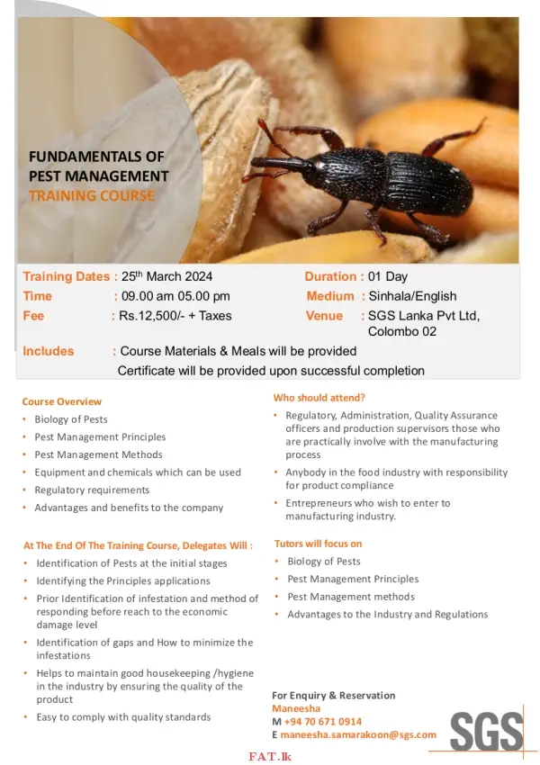 Course Overview<br>
* Biology of Pests<br>
* Pest Management Principles<br>
* Pest Management Methods<br>
* Equipment and chemicals which can be used<br>
* Regulatory requirements<br>
* Advantages and benefits to the company