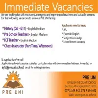 Vacancies at Pre Uni English Medium School - அதுருகிரிய